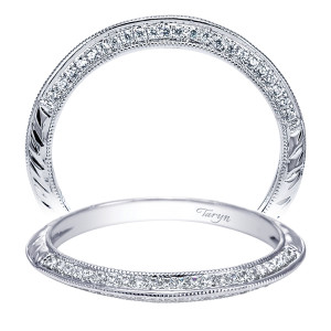 Taryn TW5411W44JJ 14 karat white gold wedding band, milgrain rails framing a bead set row above hand engraved detail on the sides