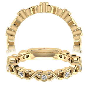 Taryn TW5667Y44JJ 14 karat yellow gold wedding band, front view of interlaced ribbon scrolls with milgrain outlines and evenly spaced bezel rounds