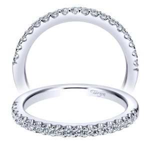Taryn TW5824W44JJ 14 karat white gold wedding band, front view of larger shared prong rounds running halfway around a lightly tapered rail