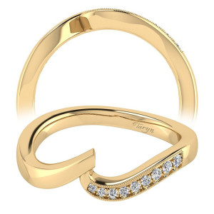 Taryn TW6069Y44JJ 14 karat yellow gold wedding band, two views of an open ended bypass, one arm plain polished, the other bead set with milgrain