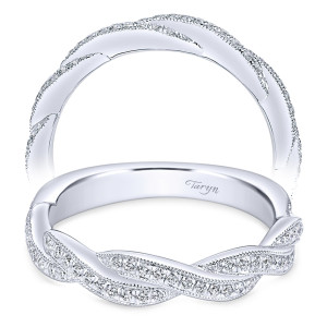 Taryn TW6138W44JJ 14 karat white gold wedding band, angled view of two entwined strands, one pave with milgrain and one smooth polished