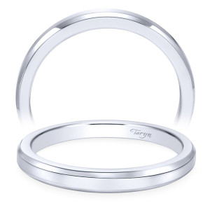 Taryn TW6591W4JJJ 14 karat white gold wedding band, two views of a slim plain surface with a crisp chamfer along the outer rim