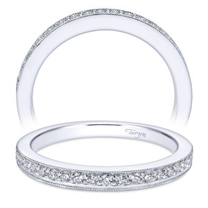 Taryn TW6629W44JJ 14 karat white gold wedding band, two views of a bead set row framed by milgrain rails on a lightly domed face