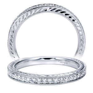 Taryn TW6633W44JJ 14 karat white gold wedding band, two views of a bead set row edged with milgrain above a braided rope patterned side