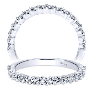 Taryn TW6641W44JJ 14 karat white gold wedding band, two views of large rounds sharing prongs in one wide row reaching halfway around