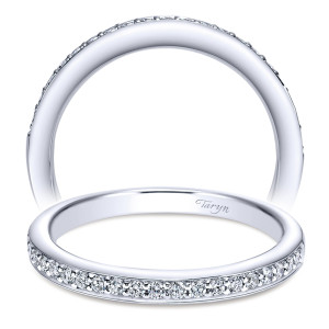 Taryn TW6642W44JJ 14 karat white gold wedding band, two views of a smooth rounded crown above a bead set row of evenly sized rounds
