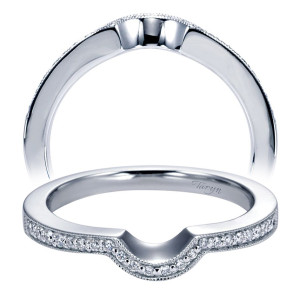 Taryn TW6667W44JJ 14 karat white gold wedding band, front and upper views of a deep curved notch flanked by milgrain edged rows of small rounds