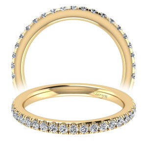 Taryn TW6685Y44JJ 14 karat yellow gold wedding band, front and upper views of small rounds encircling the rail in delicate shared prong seats