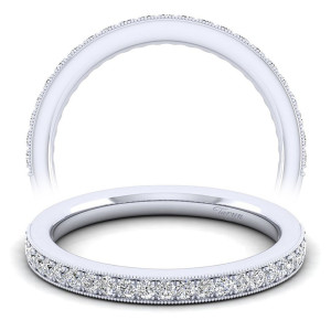 Taryn TW6687W44JJ 14 karat white gold wedding band, front and upper views of a milgrain bordered row of rounds running nearly all the way around