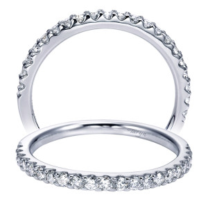 Taryn TW6703W44JJ 14 karat white gold wedding band, front and upper views of closely spaced rounds in shared prongs above a plain polished underside