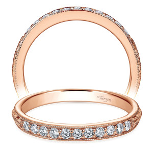 Taryn TW6707K44JJ 14 karat rose gold wedding band, front and upper views of a bead set row between milgrain rails with engraved sidewalls
