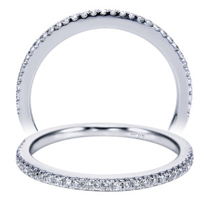Taryn TW6710W44JJ 14 karat white gold wedding band, front and upper views of minute rounds in a single fine row circling a hairline rail