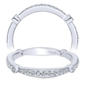 Taryn TW6711W44JJ 14 karat white gold wedding band, front and upper views of milgrain edged paved segments joined by smooth links set with single stones