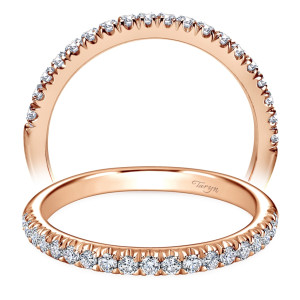 Taryn TW6872K44JJ 14 karat rose gold wedding band, front and upper views of a lifted row of rounds on shared prongs above a tapering rail