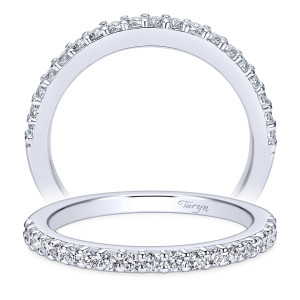 Taryn TW6873W44JJ 14 karat white gold wedding band, front and upper views of a bolder single row with squared shared prongs and a plain underside