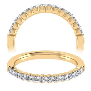 Taryn TW6874M44JJ 14 karat yellow and white gold wedding band, front and upper views of rounds divided by wide flat prong bars that stop at squared ends