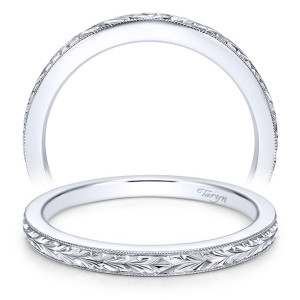 Taryn TW7222W4JJJ 14 karat white gold wedding band, front and upright views of engraved wheat pattern running between fine milgrain edges, no stones