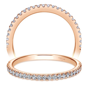 Taryn TW7227K44JJ 14 karat rose gold wedding band, front and upright views of an evenly sized stone row prong set along a slim rounded rim