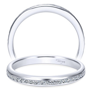 Taryn TW7229W44JJ 14 karat white gold wedding band, front and upright views of a recessed stone row sunk between two smooth raised rails