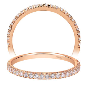 Taryn TW7252K44JJ 14 karat rose gold wedding band, front and upright views of a narrow rim where a fine stone row stops short of the base