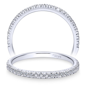 Taryn TW7252W44JJ 14 karat white gold wedding band, front and upright views of closely spaced small rounds prong set across the upper rim