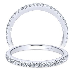 Taryn TW7265W44JJ 14 karat white gold wedding band, standing and tilted views, fine shared prong rounds reaching three quarters around a slim polished rim