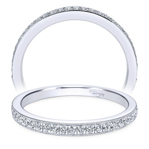 Taryn TW7278W44JJ 14 karat white gold wedding band, upright and tilted views of a bead set row framed by milgrain on a flat rim