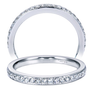 Taryn TW7283W44JJ 14 karat white gold wedding band, standing and tilted views of milgrain edged bead set rounds running most of the way around