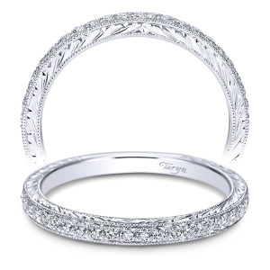 Taryn TW7287W44JJ 14 karat white gold wedding band, upright and tilted views, engraved wheat rail with milgrain above a bead set row