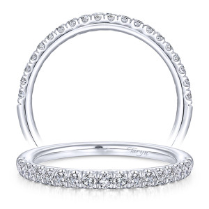Taryn TW7435W44JJ 14 karat white gold wedding band, standing and tilted views of a shared prong row stopping at the midpoint, rounded polished rim