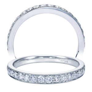 Taryn TW7440W44JJ 14 karat white gold wedding band, upright and tilted views, bead set row edged in milgrain beneath a smooth curved rail