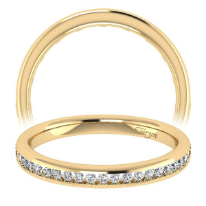 Taryn TW7443Y44JJ 14 karat yellow gold wedding band, standing and tilted views, small channel set rounds along the edge of a rounded polished rail