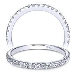 Taryn TW7462W44JJ 14 karat white gold wedding band, upright and tilted views of fine pave rounds tapering into a very slender plain rear shank