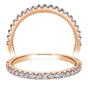 Taryn TW7480K44JJ 14 karat rose gold wedding band, upright and tilted views of an unbroken pave row held by tiny shared prongs to the midpoint