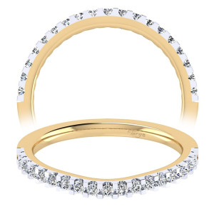 Taryn TW7482M44JJ 14 karat yellow and white gold wedding band, upright and tilted views of squared shared prong seats carrying an even row across a gentle contour