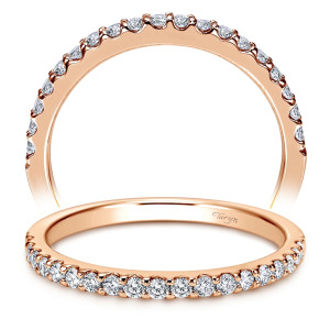 Taryn TW7510K44JJ 14 karat rose gold wedding band, upright and tilted views of shared prong rounds scalloped along a slim polished shank