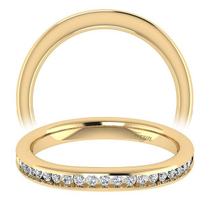 Taryn TW7516Y44JJ 14 karat yellow gold wedding band, angled view of a channel set round stone row below a smooth domed rail
