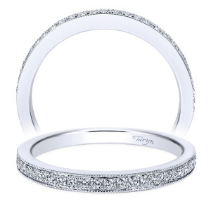 Taryn TW7525W44JJ 14 karat white gold wedding band, milgrain framed bead set row of round stones raised on a subtly ridged rail
