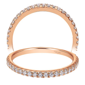 Taryn TW7533K44JJ 14 karat rose gold wedding band, slender row of round stones in shared prongs continuing well around toward the back