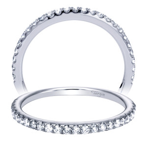 Taryn TW7533W44JJ 14 karat white gold wedding band, narrow profile with a continuous shared prong row of round stones across the front