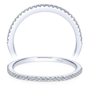 Taryn TW7729W44JJ 14 karat white gold wedding band, front and reclining views of fine pave rounds halfway around a slender tapered rim
