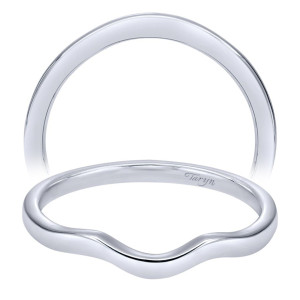 Taryn TW7773W4JJJ 14 karat white gold wedding band, two views of an unadorned rounded profile curving into a broad shallow scallop at center
