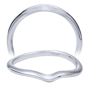 Taryn TW7774W4JJJ 14 karat white gold wedding band, front views of a smooth polished curve with a gentle chevron dip, no stones anywhere