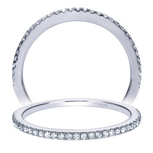 Taryn TW7787W44JJ 14 karat white gold wedding band, front views of an ultra slim rim set with a tight line of micropave rounds