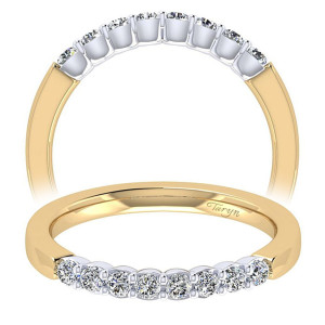 Taryn TW7850M44JJ 14 karat yellow and white gold wedding band, front and angled views of a shared prong row of rounds above a chamfered edged rail