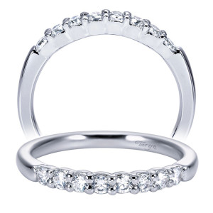 Taryn TW7850W44JJ 14 karat white gold wedding band, two views of evenly sized rounds in shared prongs on a slim rounded rail