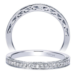 Taryn TW7903W44JJ 14 karat white gold wedding band, front and angled views of a milgrain edged bead set row above pierced filigree scrollwork