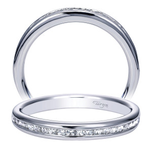 Taryn TW7991W44JJ 14 karat white gold wedding band, front and angled views of a narrow stone channel beneath a strongly domed polished surface