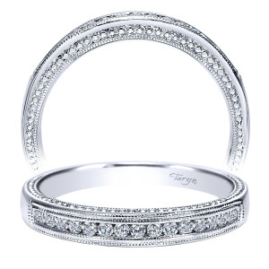 Taryn TW7996W44JJ 14 karat white gold wedding band, two views of a channel row flanked by milgrain rails and finely beaded side panels