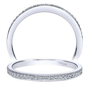 Taryn TW8021W44JJ 14 karat white gold wedding band, two views of a narrow polished rim with grain set rounds above a milgrain lower border